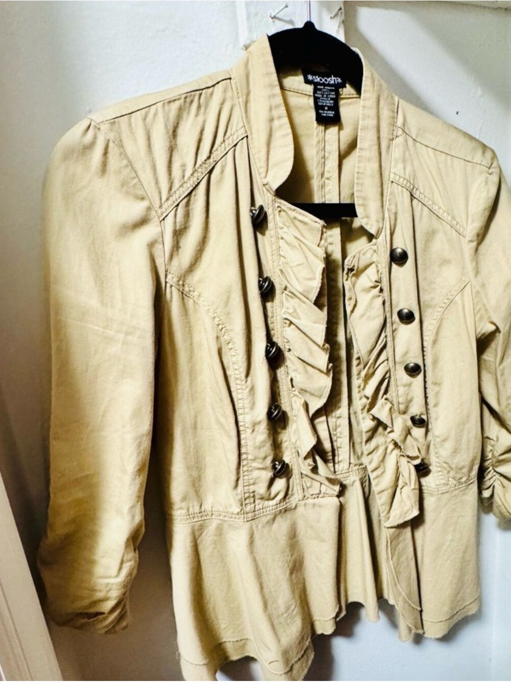 Von Mauer Beige Ruffled Military-Style Blazer
